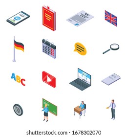Foreign language teacher icons set. Isometric set of Foreign language teacher vector icons for web design isolated on white background
