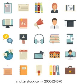 Iconos del profesor de idioma extranjero. Conjunto plano de iconos vectoriales de profesores de idiomas extranjeros aislados en fondo blanco