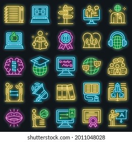 Foreign language teacher icons set. Outline set of foreign language teacher vector icons neon color on black