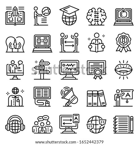 Foreign language teacher icons set. Outline set of foreign language teacher vector icons for web design isolated on white background