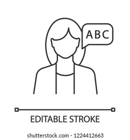 Foreign language teacher linear icon. Speaking club. Thin line illustration. Philologist. Language learning courses. Speaking skills. Contour symbol. Vector isolated outline drawing. Editable stroke