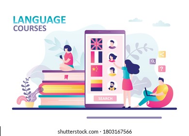 Foreign language teachers questionnaires on smartphone screen. Woman chooses teacher to study language. Concept of online education, courses and e-learning. Internet technology. Vector illustration