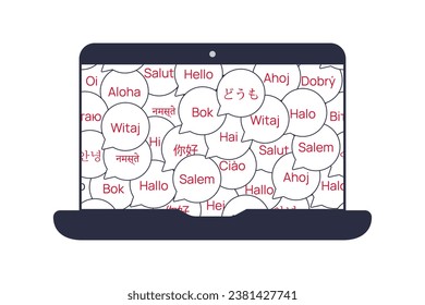 Foreign language teaching. Laptop with bubble text Hello. Portable Technology. Pattern of foreigners conversations and word translation. Online English course. Isolated object. Vector illustration
