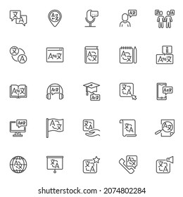 Foreign language translation line icons set. linear style symbols collection, outline signs pack. Linguistics related vector graphics. Set includes icons as voice translator, online language learning