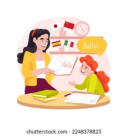 Foreign language tutor isolated cartoon vector illustration. Foreign languages education center, small flag at the table, tutor and student at the desk with book, private lesson vector cartoon.