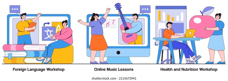 Foreign Language Workshop, Online Music Lesson, Health And Nutrition Workshop Concept With Tiny People. Supplementary Education Vector Illustration Set. Native Speaker Course, Learn Cooking Metaphor.