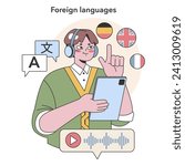 Foreign Languages acquisition concept. Energetic student engaging in multilingual education. Digital learning tools for linguistic skill enhancement. Flat vector illustration