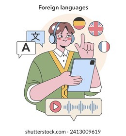 Foreign Languages acquisition concept. Energetic student engaging in multilingual education. Digital learning tools for linguistic skill enhancement. Flat vector illustration