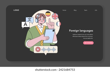 Foreign Languages acquisition concept. Energetic student engaging in multilingual education. Digital learning tools for linguistic skill enhancement. Flat vector illustration