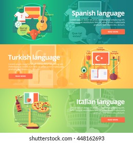 Foreign languages learning banner set. Design illustration for Spanish, Turkish and Italian language. Colorful vector flat concepts horizontal layout.