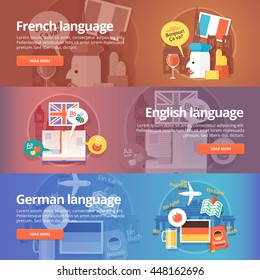 Foreign Languages Learning Banner Set. Design Illustration For French, English And German Language. Colorful Vector Flat Concepts Horizontal Layout.