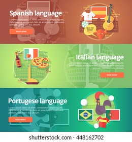 Foreign languages learning banner set. Design illustration for Spanish language. Colorful vector flat concepts horizontal layout.