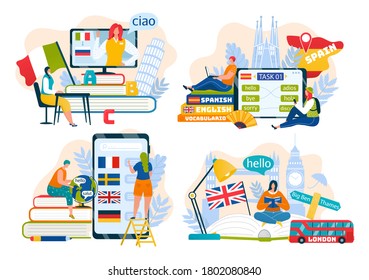 Foreign languages learning, education, communication online set of vector illustrations. French, English and Italian language courses and training by internet. Dictionary app, web translators.
