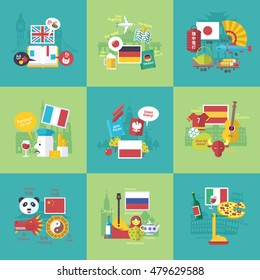 Foreign languages learning icons. Communication, business and travel. Vector flat cartoon illustrations set.