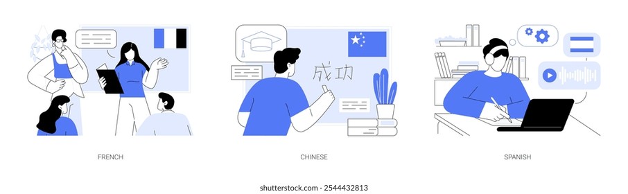 Foreign languages and linguistics isolated cartoon vector illustrations set. Linguist students speaking French, writing Chinese symbols on the blackboard, study Spanish phonology vector cartoon.