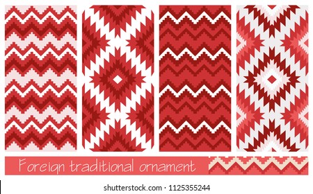 Foreign ornament for any type of design. You can use this figure in the design, which requires an interesting seamless vector.  Indian, Aztec, similar to Scandinavian. In red tones.