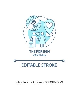 Foreign partner blue concept icon. Expats types abstract idea thin line illustration. Finding love abroad. Romantic relationship overseas. Vector isolated outline color drawing. Editable stroke