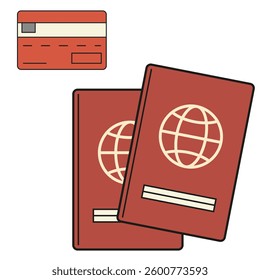Foreign passport document vector illustration. National identity international passport. Travel and journey symbols. Isolated images for tourism design. Credit card icon. Vacation sign.