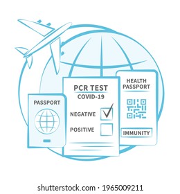 Foreign passport, negative PCR test for coronavirus, digital immune passport for flight  for travelers. New normal after COVID-19 pandemic. Vector illustration