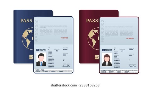 Pasaportes extranjeros para hombres y mujeres. Pasaporte extranjero con el nombre completo de la muestra. Documento de viaje e inmigración. Páginas de Passport con datos de ejemplo, foto y firma. Ilustración del vector