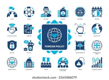 Foreign Policy icon set. Military Alliance, Union, Defense, Humanitarian Aid, Threats, Diplomat, Politics, Nation. Duotone color solid icons