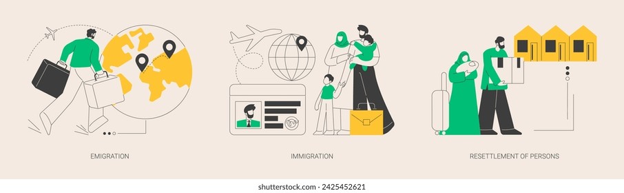 Foreign residence abstract concept vector illustration set. Emigration and immigration, resettlement of persons, refugee camp, residence permit, working visa, boarding control abstract metaphor.