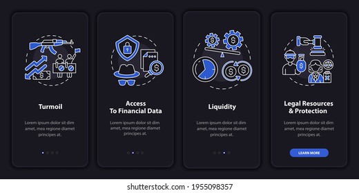 Foreign stock problems onboarding mobile app page screen with concepts. Security, liquidity walkthrough 4 steps graphic instructions. UI, UX, GUI vector template with linear night mode illustrations