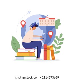 Foreign student learning in international high school. Concept of foreign study, global education, student exchange program, educational tourism. Vector illustration in flat design for web banner