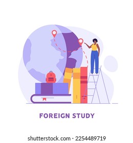 Foreign student learning in international high school. Concept of foreign study, global education, student exchange program, educational tourism. Vector illustration in flat design for web banner