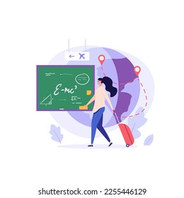 Foreign student learning in international high school. Concept of foreign study, global education, student exchange program, educational tourism. Vector illustration in flat design for web banner
