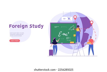 Ausländische Schüler lernen an der internationalen Oberschule. Konzept des ausländischen Studiums, globale Bildung, Studentenaustausch, Bildungstourismus. Vektorgrafik in flachem Design für Webbanner