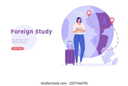 Foreign student learning in international high school. Concept of foreign study, global education, student exchange program, educational tourism. Vector illustration in flat design for web banner