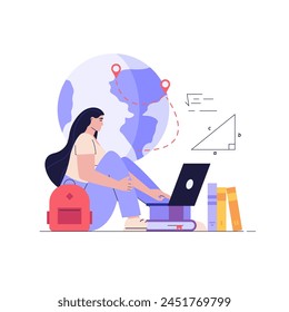 Foreign student learning in international high school. Concept of abroad study, global education, student exchange program, educational tourism. Vector illustration in flat design for web banner