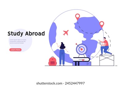 Foreign student learning in international high school. Concept of abroad study, global education, student exchange program, educational tourism. Vector illustration in flat design for web banner