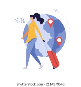 Foreign student walking in international high school. Concept of foreign study, global education, student exchange program, educational tourism. Vector illustration in flat design for web banner