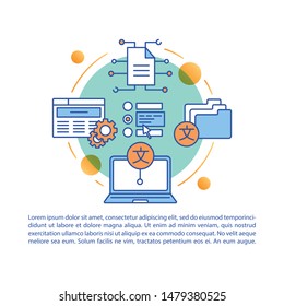 Foreign text translating software article page vector template. Brochure, magazine, booklet design element with linear icons and text boxes. Print design. Concept illustrations with text space 