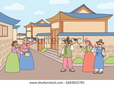 Foreign tourists in hanbok explore Bukchon Hanok Village and take selfies while experiencing Korean traditional culture.


