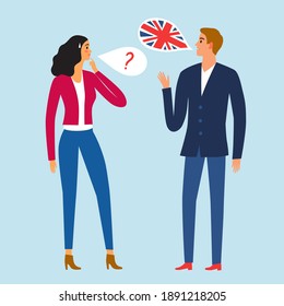 A foreigners man and woman talking and do not understand each other. Foreign languages illustration. Cartoon characters with speech bubble for your design.