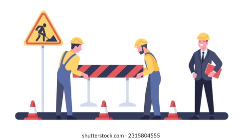 Foreman checks start of work on road repair site. Highway renovation. Street border or roadside sign. Engineer and builder brigade. Workmen in overalls. Asphalt roadway