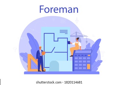 Foreman concept. Main engineer leading at construction site. Professional builder in helmet, Construction industry, house development business. Flat. Vector illustration.