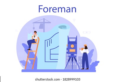 Foreman concept. Main engineer leading at construction site. Professional builder in helmet, Construction industry, house development business. Flat. Vector illustration.