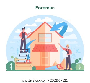Foreman concept. Main engineer leading at construction site. Professional builder in helmet, Construction industry, house development business. Flat vector illustration.