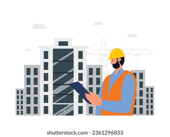 Foreman controls construction on site, looks at site list to make report, worker vector illustration.
