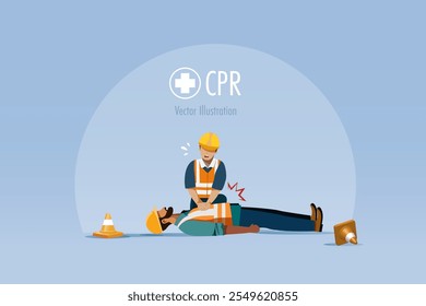 Foreman does CPR to unconscious worker. First aid and emergency rescue at industrial, construction site. Safety first, medical help concept.