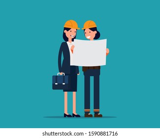 Foreman and Engineer. Discuss draft building concept. Vector illustration in cartoon flat design