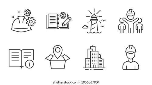 Foreman, Engineering documentation and Engineering team line icons set. Working process, Skyscraper buildings and Technical info signs. Package location, Lighthouse symbols. Quality line icons. Vector