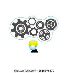 Foreman head with safety helmet and gear wheels, creative builder concept