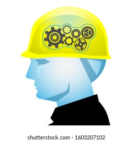 Foreman head with safety helmet and gear wheels, creative builder concept