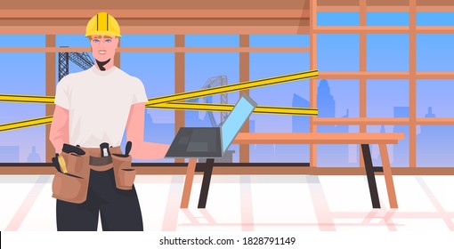 foreman in helmet using laptop working at construction site repair service concept unfinished building interior horizontal portrait vector illustration