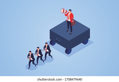 Foreman holding a megaphone and shouting to order his subordinates to work hard